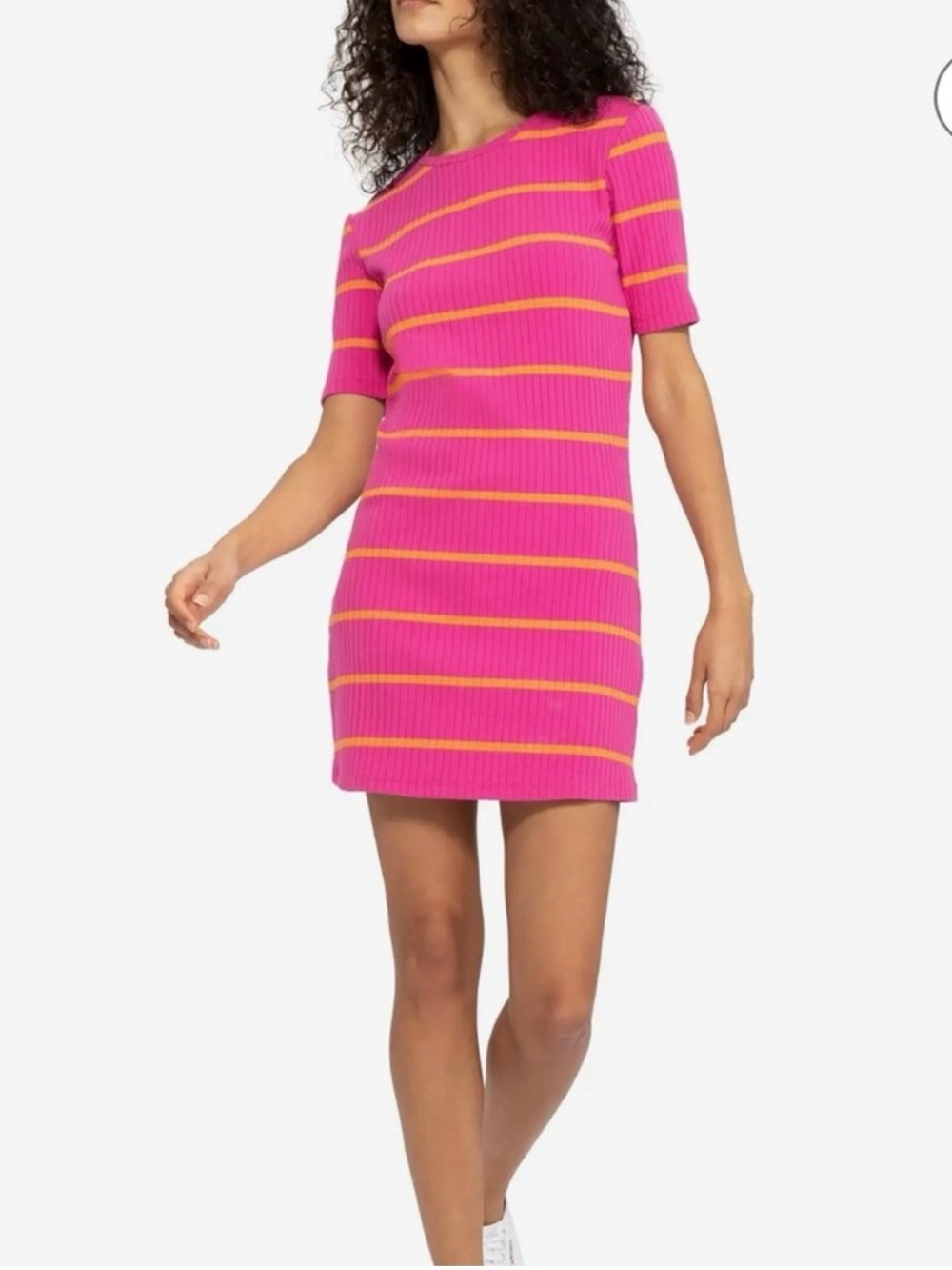 Sanctuary Bright Pink Midi Dress with Yellow Stripes